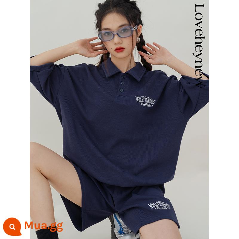 LOVEHEYNEW thêu màu sắc phù hợp với nữ mùa hè 2022 mới nửa tay áo sơ mi quần short 2 bộ - Điểm màu xanh hải quân