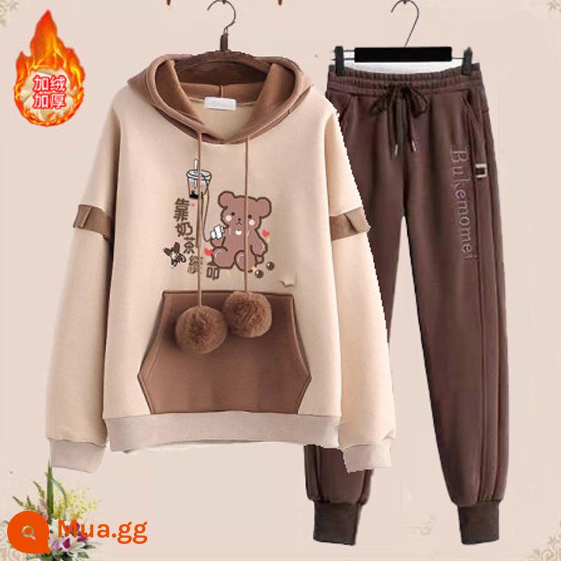 Học sinh trung học cơ sở Autumn and Winter Women Set Set 15-18 tuổi Phong cách học đại học dễ thương Quần Torian Quần Tor-Nữ Plus Velvet dày hai mảnh - Áo gấu bông trà sữa bông hoa và quần cà phê