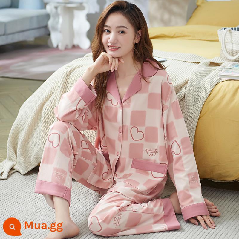 Langsha Bộ Đồ Ngủ Nữ Cotton Nguyên Chất Dài Tay Xuân Thu 2023 Thu Đông Nữ Mới Kích Thước Lớn Mặc Ở Nhà bộ Đồ Mùa Hè - A34483 [Bộ vest dài tay cotton nguyên chất]