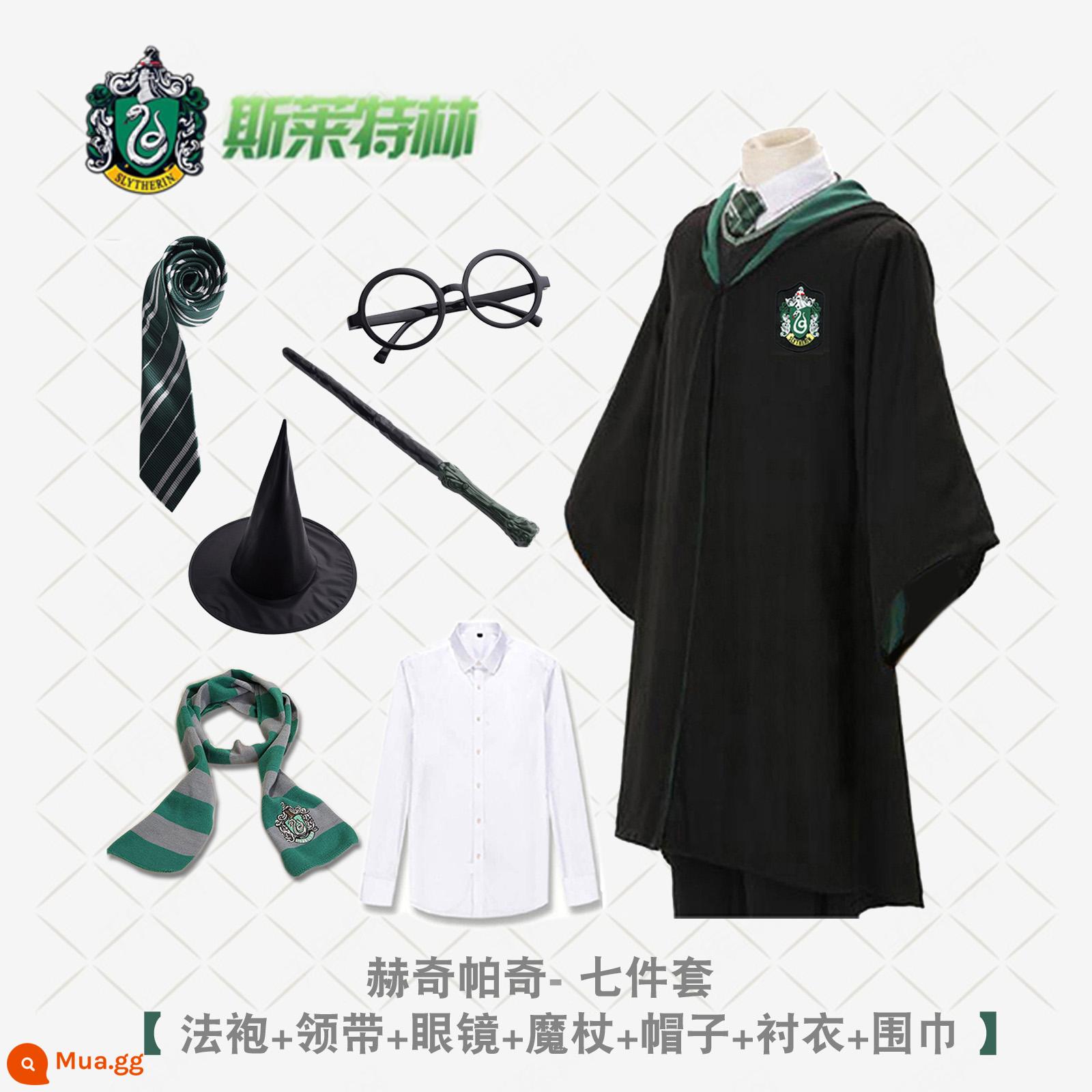 Bướm Harry's Potter Cosplay Quần áo Grandma Fensin Dostlin Magic Robe School Đồng phục học viện - Áo choàng Slytherin + cà vạt + khăn quàng cổ + kính + đũa phép + áo + mũ