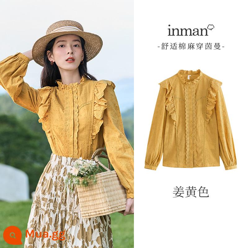 Inman Pháp Xù Áo Sơ Mi Nữ Thu Đông 2023 Mới Nguyên Chất Cotton Áo Sơ Mi Tay Dài 1/4 Inch Ổ Cắm Cờ Lê Tay Trắng hàng Đầu - Bán trước nghệ