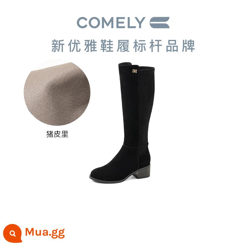 Conley Boots Nữ Gót Dày Mùa Đông 2022 Mới Da Bò Giày Bốt Dài Phong Cách Anh Quốc - Đen (Da cừu)