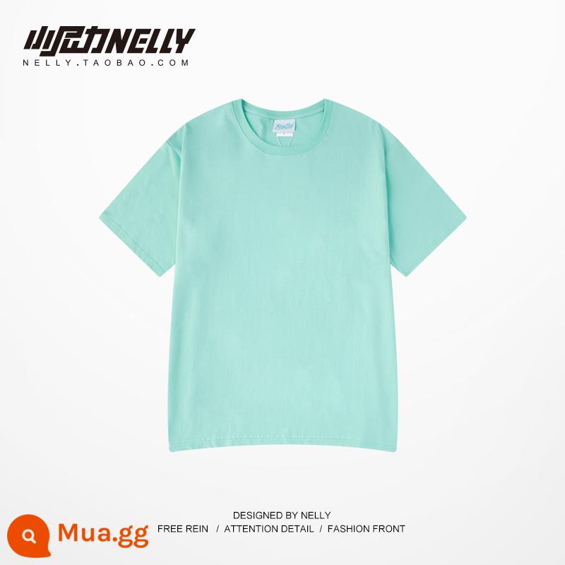 Xiao Nili retro phù hợp với tất cả cotton nguyên chất màu trơn áo sơ mi ngắn tay có đáy rộng Áo thun nam và nữ Áo thun quần áo ngắn tay hợp thời trang - Bạc hà xanh