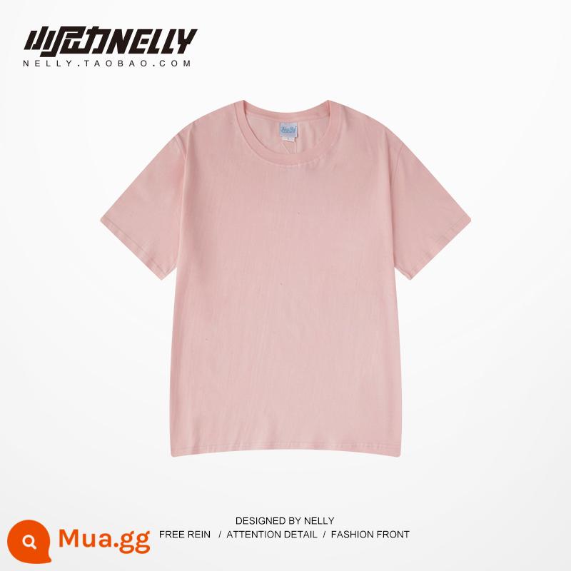 Xiao Nili retro phù hợp với tất cả cotton nguyên chất màu trơn áo sơ mi ngắn tay có đáy rộng Áo thun nam và nữ Áo thun quần áo ngắn tay hợp thời trang - màu hồng tiềm ẩn