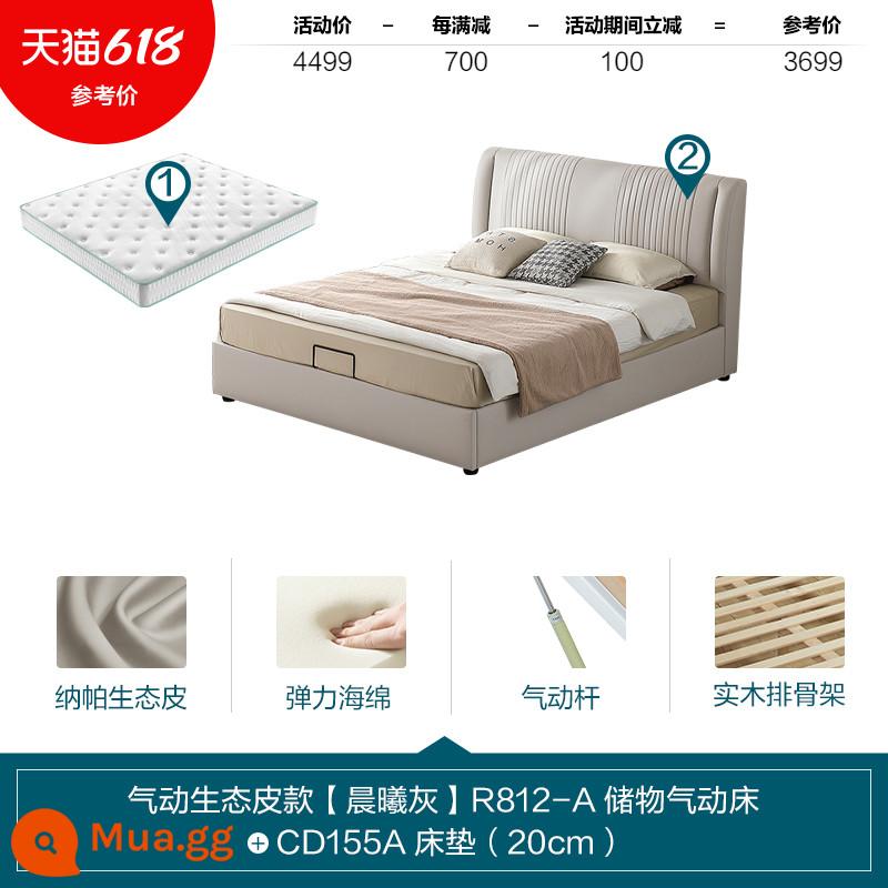 Lin's Home Furniture Nội thất giường vải sang trọng ánh sáng hiện đại Phòng ngủ chính Hộ gia đình Tựa lưng mềm Nội thất giường đôi màu đỏ Nội thất gỗ công nghiệp của Lin - [Giường hộp cao cấp|Mẫu da sinh thái|Xám buổi sáng]Giường + nệm R812-A