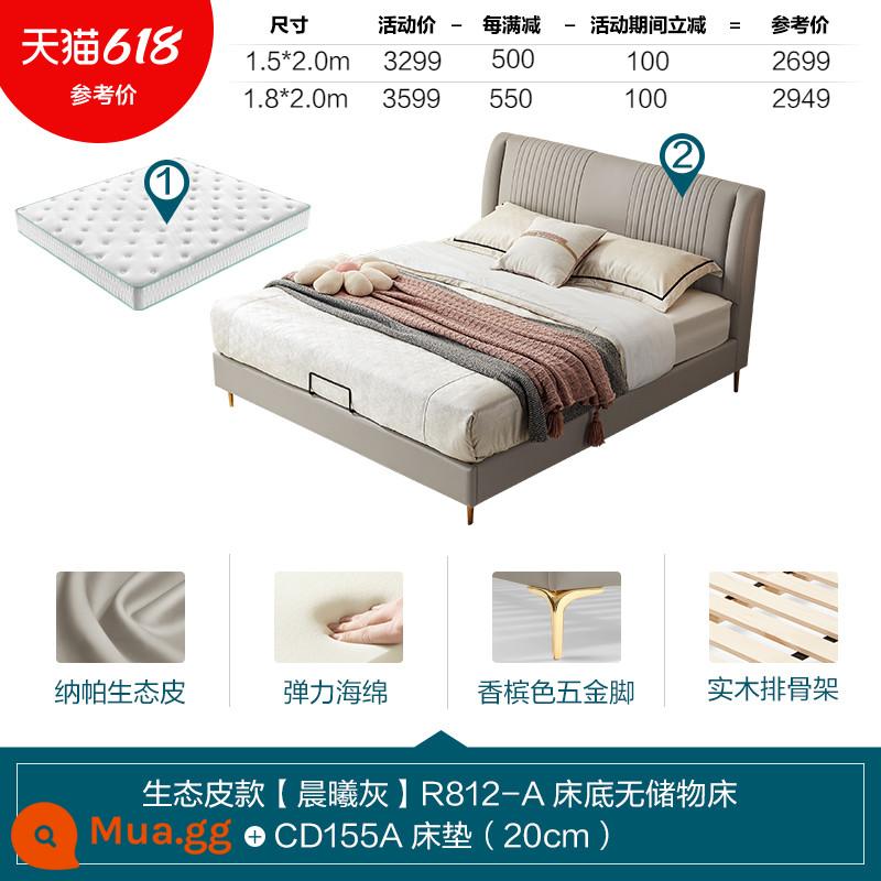 Lin's Home Furniture Nội thất giường vải sang trọng ánh sáng hiện đại Phòng ngủ chính Hộ gia đình Tựa lưng mềm Nội thất giường đôi màu đỏ Nội thất gỗ công nghiệp của Lin - [Giường thường|Mẫu da sinh thái|Xám buổi sáng]Giường + nệm R812-A