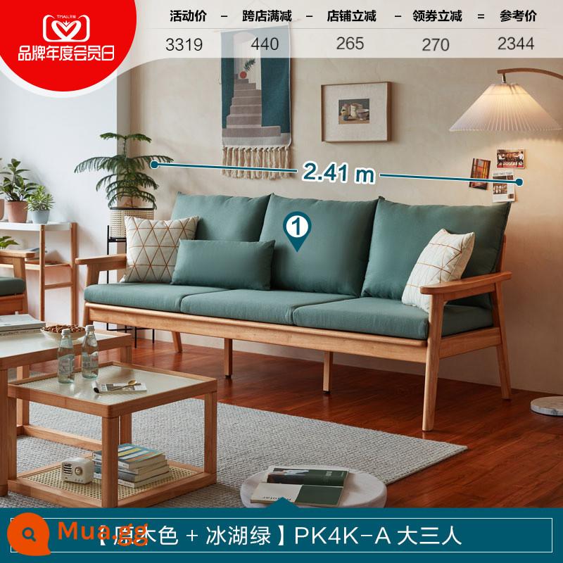 Lin's Home Sofa gỗ nguyên khối phong cách Nhật Bản phòng khách căn hộ nhỏ nội thất gỗ đơn giản 2023 mới Lin's Wood Industry PK - [Màu gỗ + Xanh hồ băng] Ghế sofa ba người cỡ lớn PK4K-A