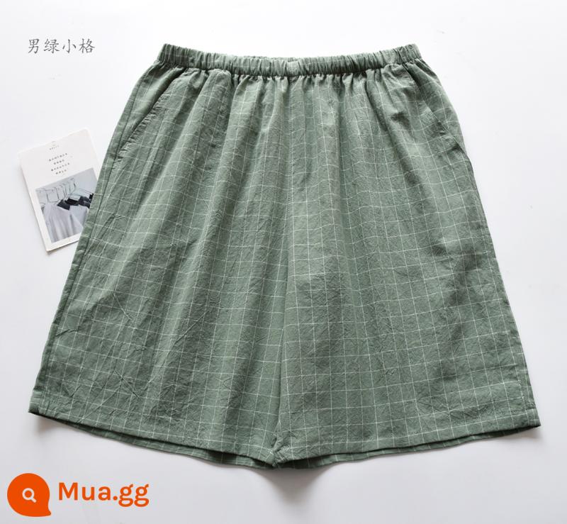 Kẻ sọc đơn giản Nhật Bản Bộ đồ ngủ nữ nam mùa hè cotton nguyên chất cotton giặt mỏng phần quần short đi biển cặp đôi nhà quần - Lưới nhỏ màu xanh lá cây cho nam [quần short cotton đã giặt]