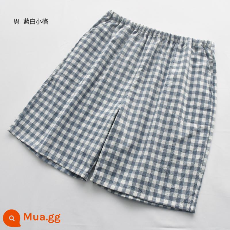 Kẻ sọc đơn giản Nhật Bản Bộ đồ ngủ nữ nam mùa hè cotton nguyên chất cotton giặt mỏng phần quần short đi biển cặp đôi nhà quần - Nam ca rô trắng xanh [quần short cotton đã giặt]