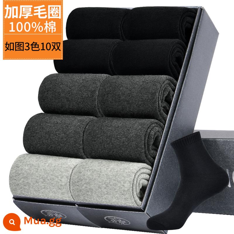 Vớ Dày Nam Mùa Đông Plus Nhung Ống Dài Ấm Giữa Ống Vớ Nam Khăn Cotton Mùa Đông Dày Vớ Nam bông Nguyên Chất - Mẫu nam màu trơn cộng với nhung và dày (đen 4 xám đậm 4 xám nhạt 2) Tổng cộng 10 đôi