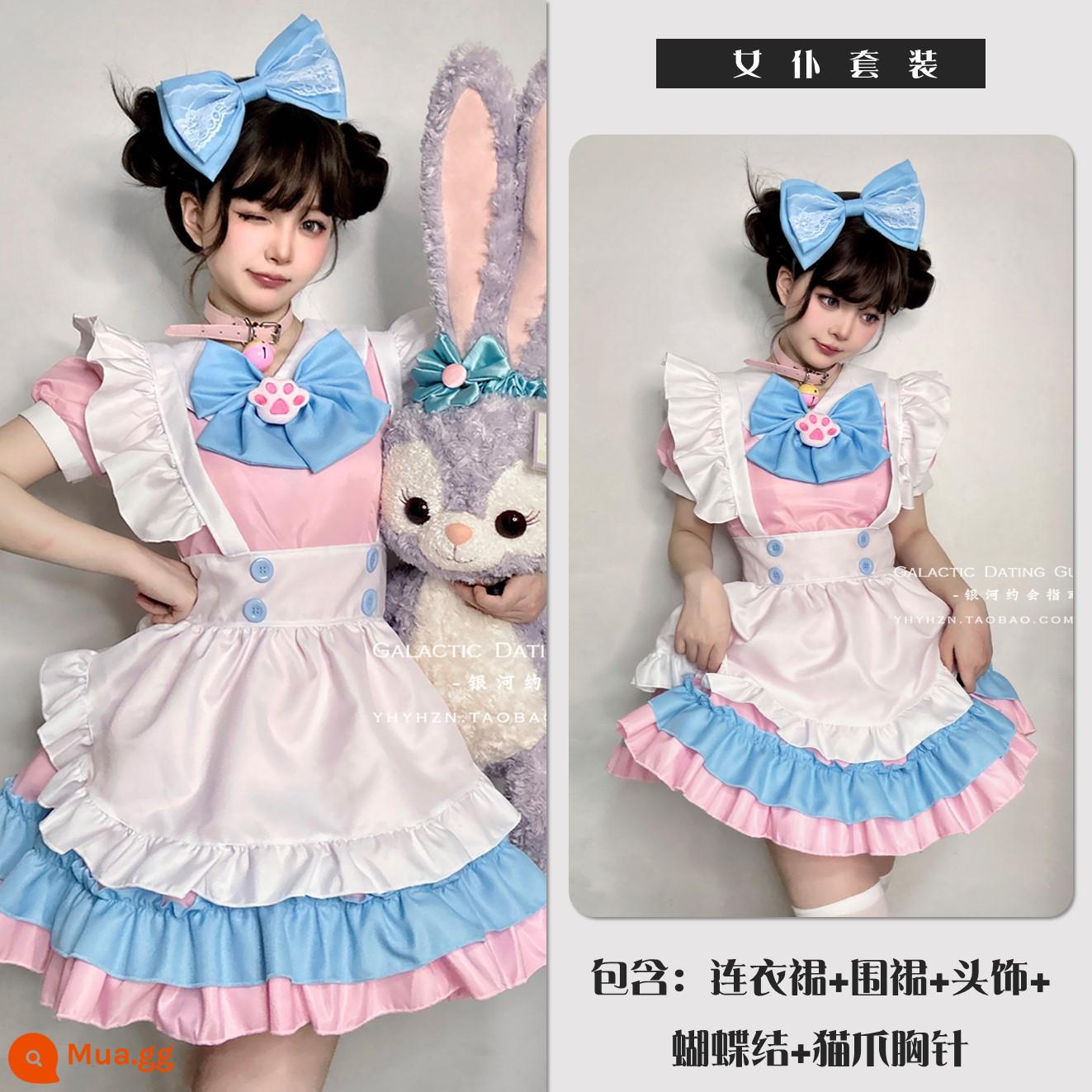 Mèo Hầu Gái Đầm Cos Lolita Hồng Tạp Dề Chuông Dễ Thương Size Lớn Gợi Cảm Đầm Giáng Sinh - Bộ đồ màu hồng và xanh (váy + tạp dề + mũ nón + nơ + trâm cài chân mèo)