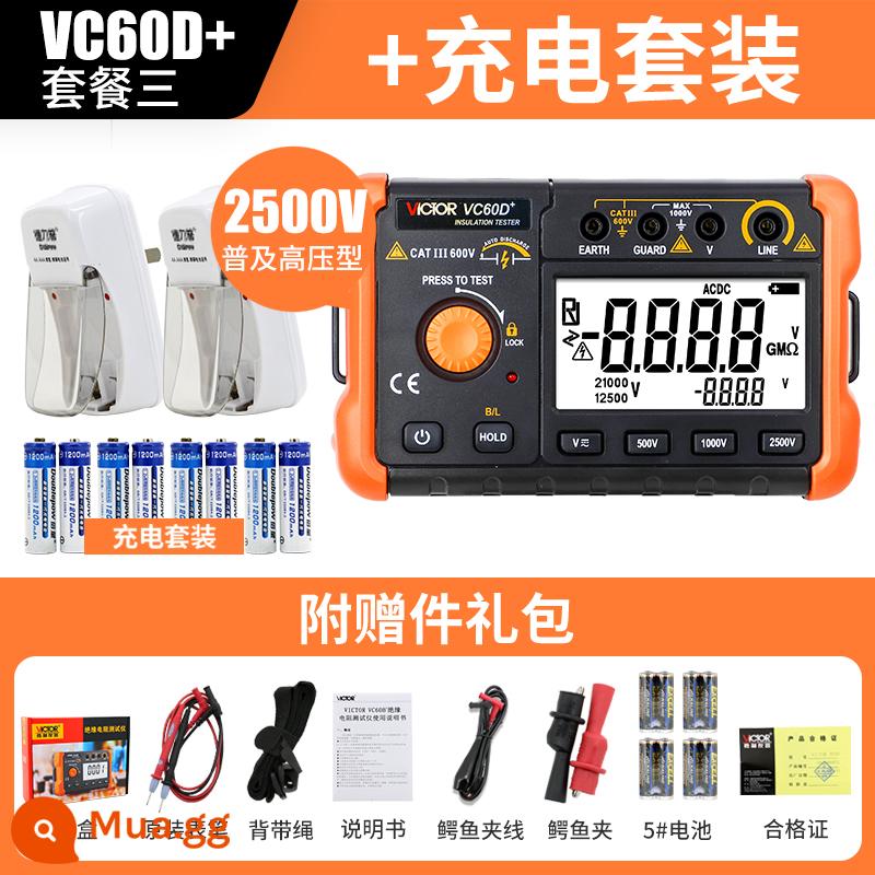 Máy kiểm tra điện trở cách điện Victory VC60B+ Digital Megger 500v1000 Máy phát hiện thông minh Thợ điện Shaker - Tiêu chuẩn VC60D+ + Bộ sạc số 5 (2 sạc 8 sạc)