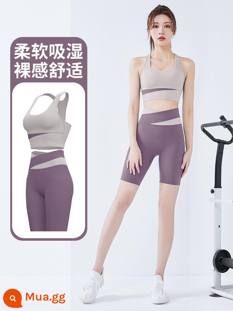 Tập yoga quần áo thể thao bộ đồ lót nữ mùa hè chuyên nghiệp vest chống sốc tập hợp áo ngực cao cấp mông năm điểm quần - Áo ngực màu tím kem + Quần dài nửa thân màu tím berry