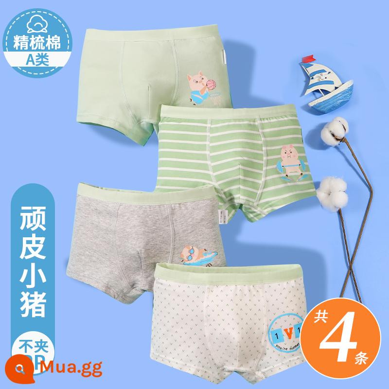 Quần lót trẻ em bé trai cotton quần boxer bé trai cotton trung và lớn quần boxer bé trai nhỏ quần đùi bé không kẹp PP - [4 Gói] Heo Con Nghịch Ngợm