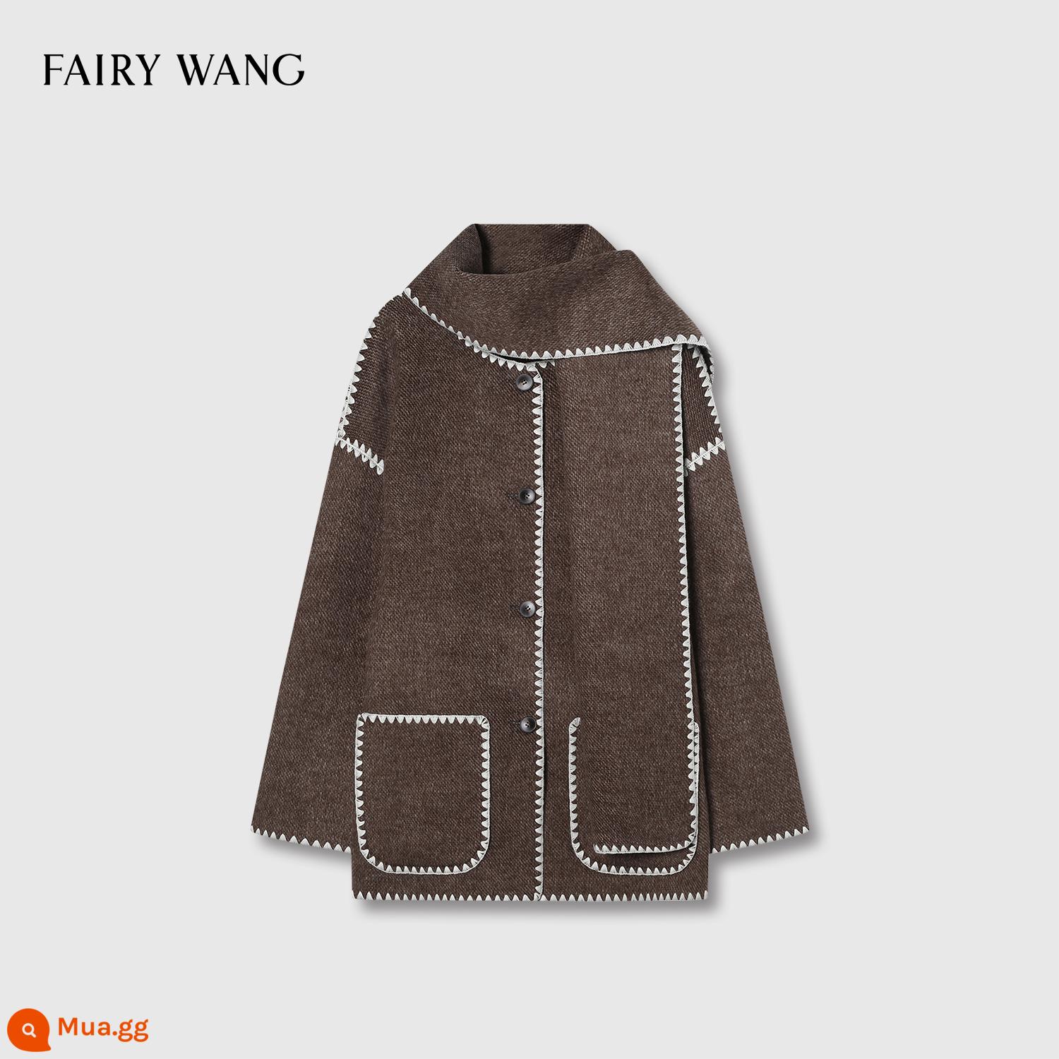 FAIRY WANG tùy biến cao cấp siêu rỗng vỏ len merino thêu lông hai mặt áo khoác có khăn quàng cổ - Maillard nâu