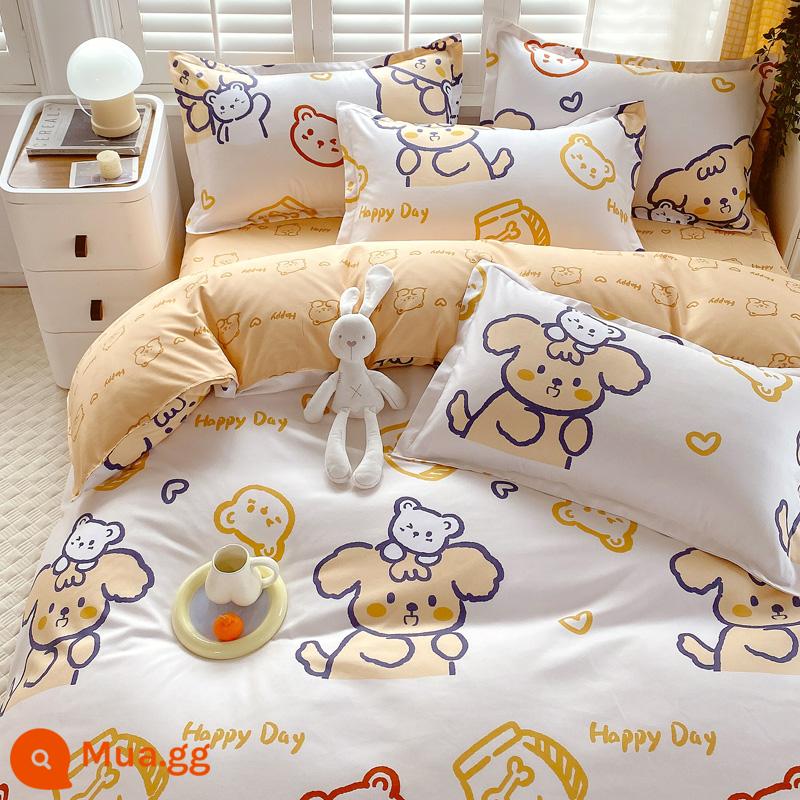 Bộ bốn món bằng cotton 100 bộ chăn ga gối đệm bằng vải cotton nguyên chất bốn mùa đơn giản thân thiện với da vỏ chăn ký túc xá sinh viên bộ ba bốn món - Dễ thương và dễ thương [Bông loại A dành cho bà mẹ và trẻ sơ sinh]