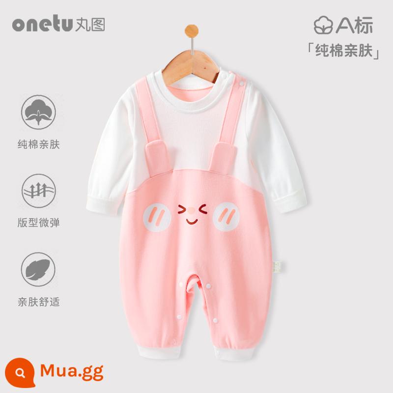 Bé cardigan áo liền quần mùa xuân và mùa thu cotton nguyên chất trăng tròn quần áo trẻ sơ sinh bé gái mùa xuân quần áo trẻ sơ sinh bé trai - Kiểu áo thun thỏ hồng