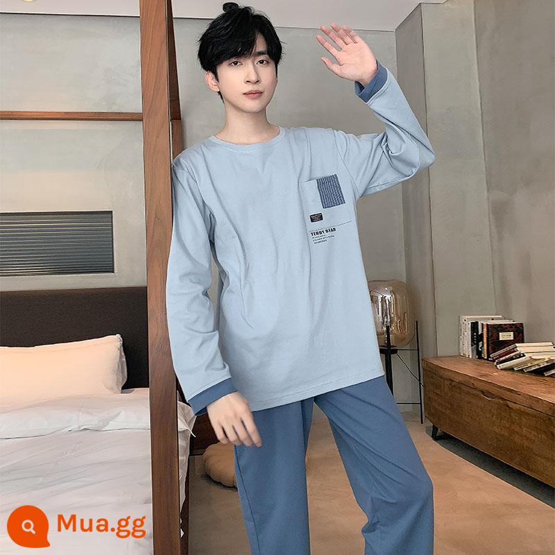 Bộ đồ ngủ nam cotton nguyên chất mùa xuân và mùa thu dài tay đơn giản giản dị thanh thiếu niên kích thước lớn áo thun phục vụ tại nhà phù hợp với - ACM22052