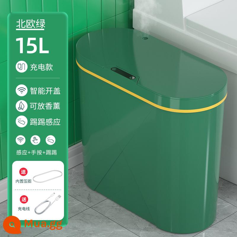 Thùng rác cảm ứng thông minh gia đình phòng khách bếp toilet phòng bột có nắp đậy hoàn toàn tự động đèn điện sọt rác sang trọng - Model sạc bằng hương liệu - màu xanh lá cây [cảm biến + nút + đá + phun] đóng mở im lặng