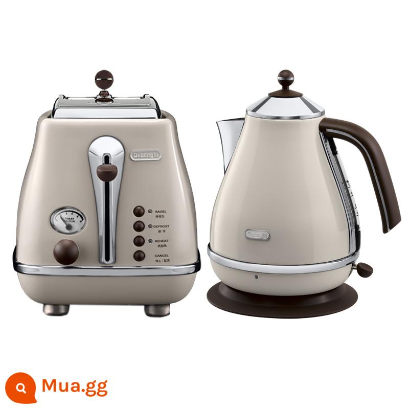 Máy Nướng Bánh Mì Đa Năng Delonghi/Dilanci Retro Hộ Gia Đình Ăn Sáng + Ấm Đun Nước Điện Bằng Thép Không Gỉ - kem trắng