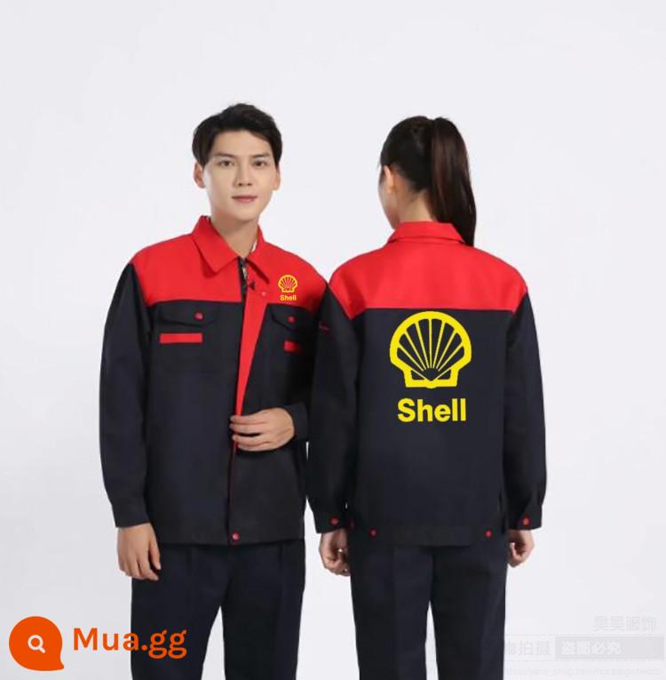 Quần áo công sở Castrol dài tay áo khoác mùa thu in logo trang trí trang trí bộ đồ sửa chữa ô tô Shell Mobil tùy chỉnh quần áo bảo hộ lao động - Bộ đồ Shell màu xanh hải quân và đỏ