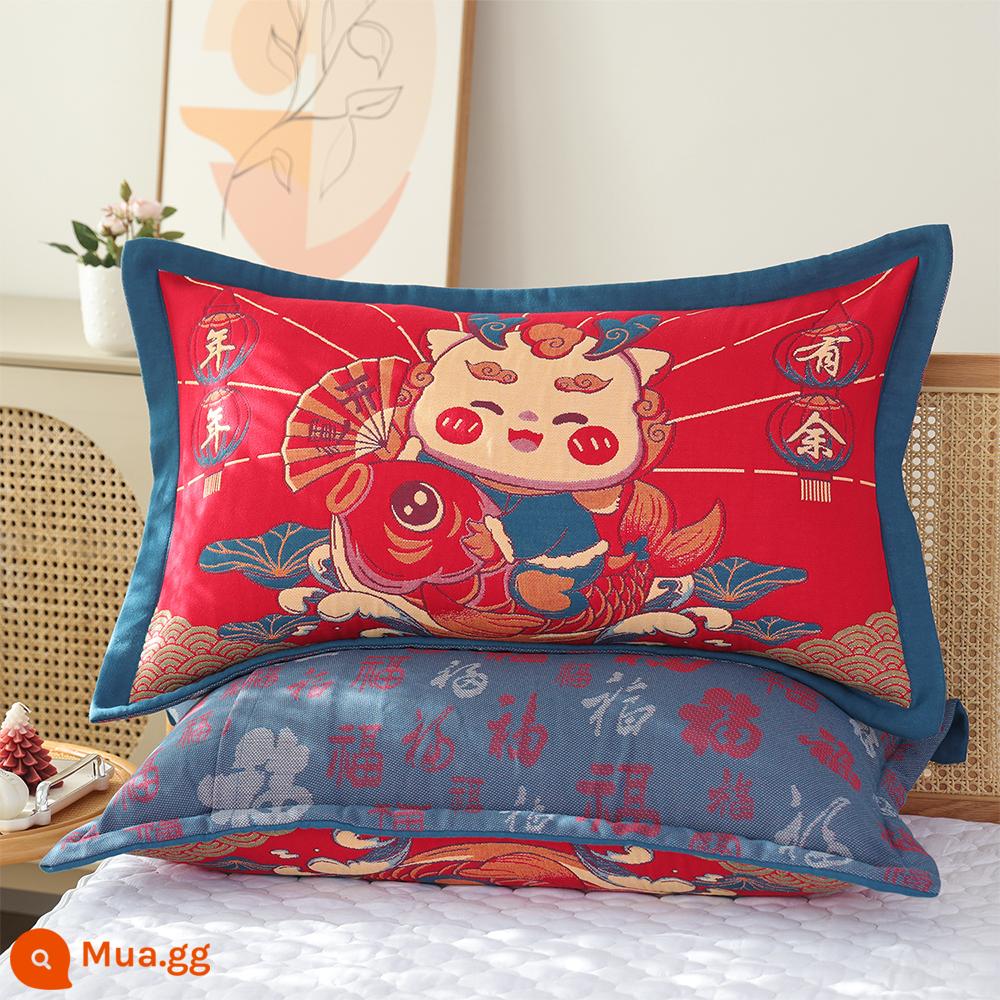 Cặp khăn gối cotton nguyên chất màu đỏ tươi lễ hội tám lớp dành cho gia đình, cặp đôi chống trượt cao cấp, không rơi, mềm mại và thấm mồ hôi - Có nhiều hơn một cặp vỏ gối mỗi năm