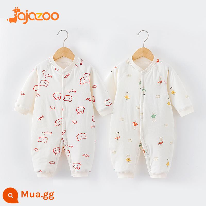 Áo liền quần cho bé mùa thu đông ấm áp nguyên chất cotton sơ sinh mỏng quần lót cotton quần áo trẻ em rompers chần bông quần áo mùa xuân - Gấu tim đỏ + Người thỏ