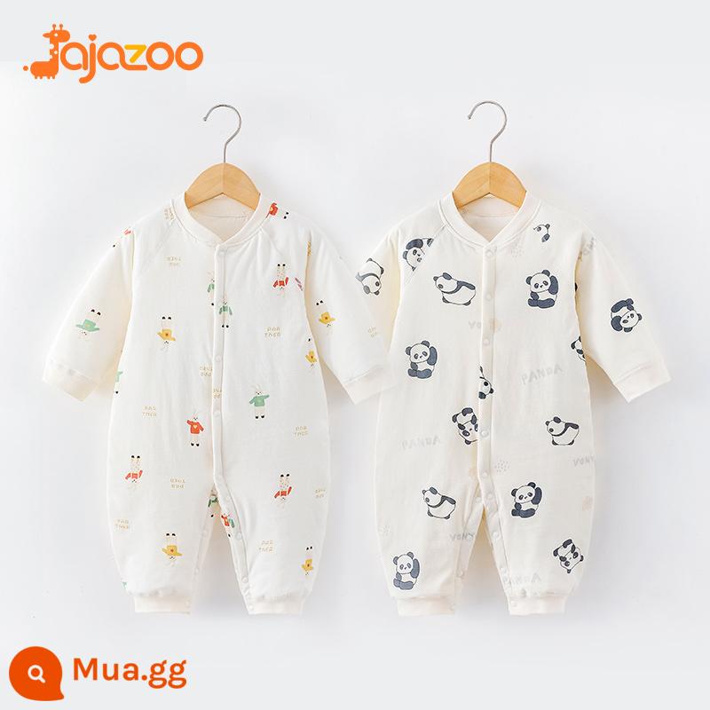 Áo liền quần cho bé mùa thu đông ấm áp nguyên chất cotton sơ sinh mỏng quần lót cotton quần áo trẻ em rompers chần bông quần áo mùa xuân - Thỏ + Gấu Trúc Đỏ