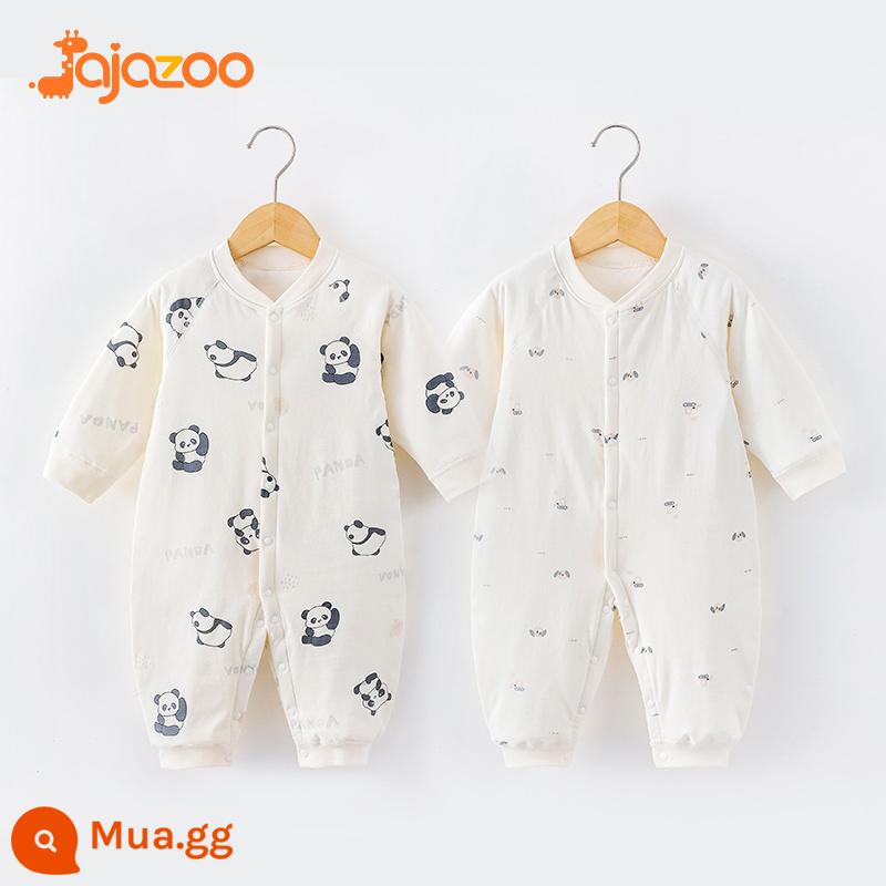 Áo liền quần cho bé mùa thu đông ấm áp nguyên chất cotton sơ sinh mỏng quần lót cotton quần áo trẻ em rompers chần bông quần áo mùa xuân - Gấu trúc đỏ + chó con xe đẩy