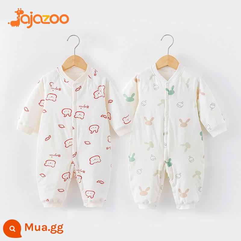 Áo liền quần cho bé mùa thu đông ấm áp nguyên chất cotton sơ sinh mỏng quần lót cotton quần áo trẻ em rompers chần bông quần áo mùa xuân - Gấu tim đỏ + tai thỏ