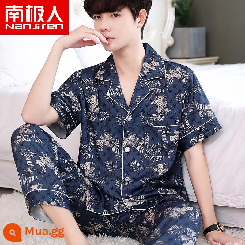 Nanjiren Pyjamas Nam Ice Silk Phần Mỏng Mùa Hè Voan Homewear Thoáng Khí Mới Lụa Ngắn Tay Bộ - NSLQ-[Satin Voan]-[Ngắn Dài]22031-2 Lông Mực Xanh Navy