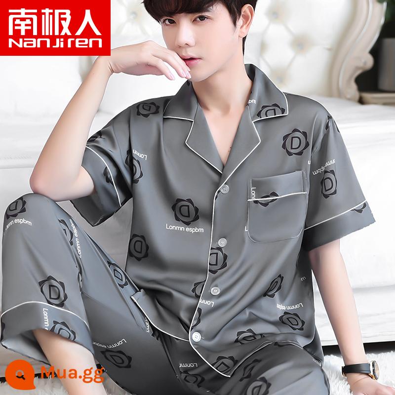 Nanjiren Pyjamas Nam Ice Silk Phần Mỏng Mùa Hè Voan Homewear Thoáng Khí Mới Lụa Ngắn Tay Bộ - NSLQ-[Satin Voan]-[Ngắn Dài]220201-Bảy Lá D Xám