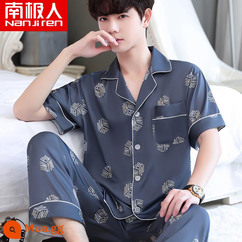 Nanjiren Pyjamas Nam Ice Silk Phần Mỏng Mùa Hè Voan Homewear Thoáng Khí Mới Lụa Ngắn Tay Bộ - NSLQ-[Satin Voan]-[Ngắn Dài]22030-Xám NUI