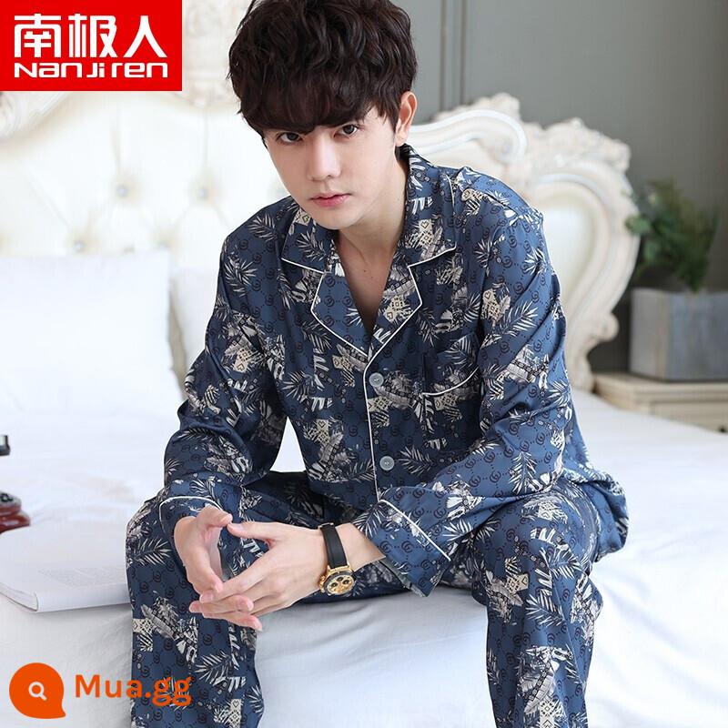 Nanjiren Pyjamas Nam Ice Silk Phần Mỏng Mùa Hè Voan Homewear Thoáng Khí Mới Lụa Ngắn Tay Bộ - NSLQ-[Satin Voan]-[Dài Đôi] 22018-2 Lông Mực Xanh Navy