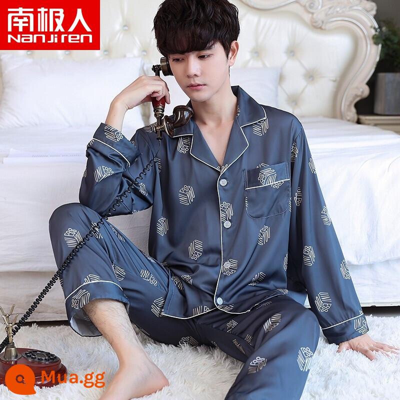 Nanjiren Pyjamas Nam Ice Silk Phần Mỏng Mùa Hè Voan Homewear Thoáng Khí Mới Lụa Ngắn Tay Bộ - NSLQ-[Satin Chiffon]-[Double Long] 22016 Xám nhạt NUI