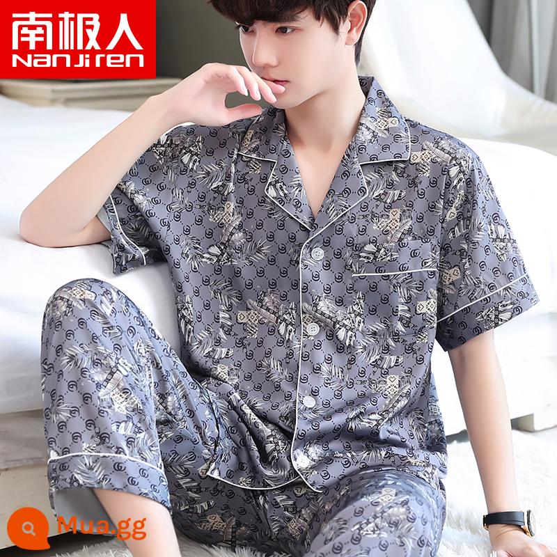 Nanjiren Pyjamas Nam Ice Silk Phần Mỏng Mùa Hè Voan Homewear Thoáng Khí Mới Lụa Ngắn Tay Bộ - NSLQ-[Satin Voan]-[Ngắn Dài]22024-1 Lông Mực Xanh Xám