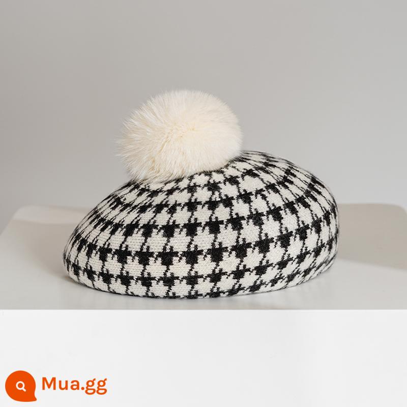 Mad Hatter Len Cổ Điển Mũ Nồi Nữ Thu Đông Houndstooth Màu Tương Phản Mũ Nồi Họa Sĩ Nón Hợp Thời Trang Blogger - Quả bóng lông màu be đen trắng