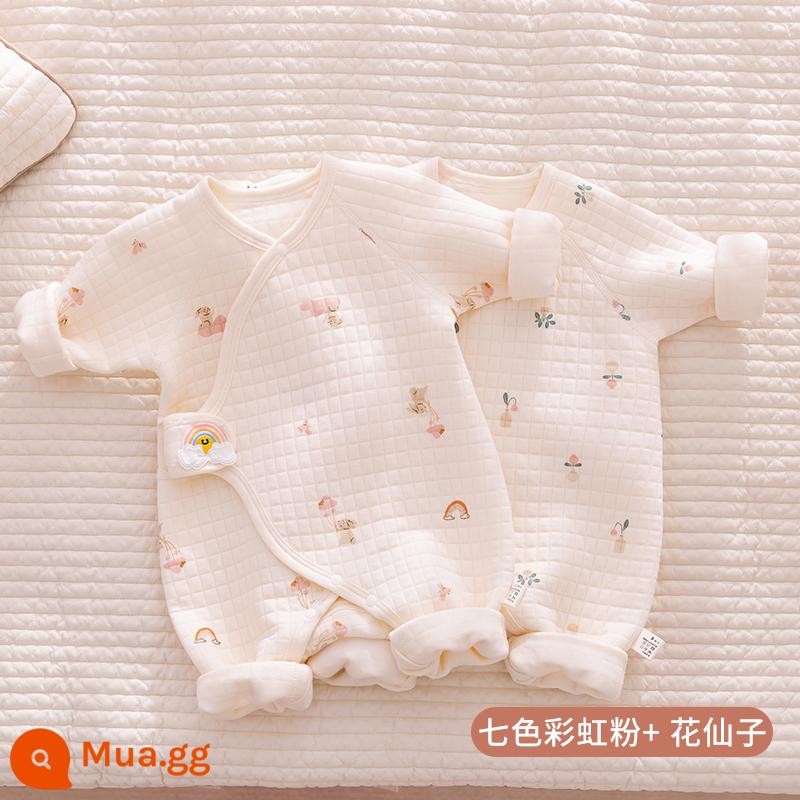 Quần áo sơ sinh, áo liền quần thu đông, quần áo ấm không xương cotton mỏng cho bé sơ sinh, quần áo mùa thu cotton thoáng khí - Bộ đồ hai mảnh màu hồng cầu vồng + hoa cổ tích được giảm giá nhiều hơn