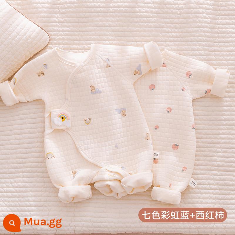 Quần áo sơ sinh, áo liền quần thu đông, quần áo ấm không xương cotton mỏng cho bé sơ sinh, quần áo mùa thu cotton thoáng khí - Bộ 2 gói Rainbow Blue + Tomato được giảm giá nhiều hơn