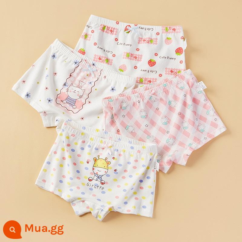 Quần lót trẻ em bé gái cotton nguyên chất quần lót boxer bé gái quần lót boxer trẻ em lớn bé cotton tam giác 100% không kẹp PP - Hộp mèo hoạt hình góc 4 gói (kháng khuẩn và kháng khuẩn)