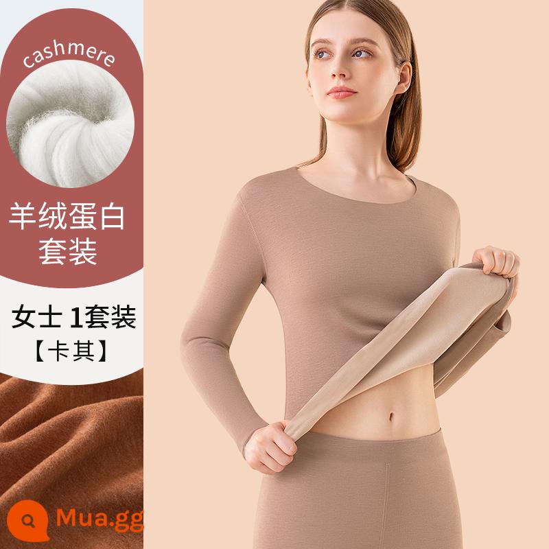 Nam Cực Len Sưởi Ấm Quần Áo Nữ Dày Plus Nhung De Làm Nóng Đáy Áo Len Cotton Quần Áo Thu Đông Vệ Sinh Quần Phù Hợp Với Mùa Đông - [1 Bộ Cashmere + Silk Quick Warm] Kaki