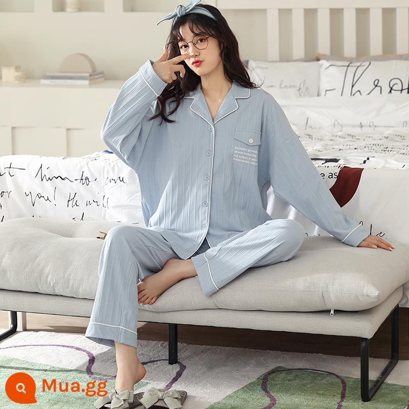 Bộ đồ ngủ cotton nguyên chất Nanjiren cho nữ xuân thu 2023 quần dài tay mới cỡ lớn có thể mặc bên ngoài quần áo ở nhà phù hợp với phụ nữ - Chữ màu xanh da trời [kiểu bông giả giống như đám mây]