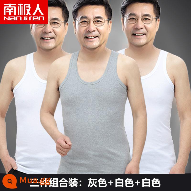 Bông đàn ông nam Vest nam Cotton Cotton Pure vào mùa hè làm tăng áo sơ mi mồ hôi lớn tuổi của người già và mặc áo sơ mi già tầng hầm - Bộ ba món (trắng + trắng + xám)