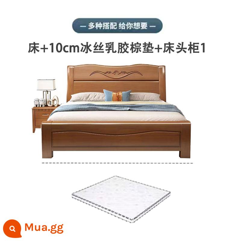 Giường gỗ đặc 1,8m 1,5m 1,2m giường đôi phong cách Trung Quốc tiết kiệm lưu trữ giường hộp cao giường hộp khung gỗ đặc giường lớn - Giường + Nệm cao su non lụa băng 10CM + Bàn đầu giường 1