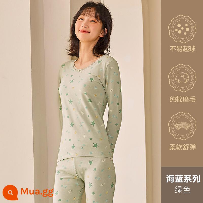 Hengyuanxiang quần áo mùa thu vệ sinh quần nữ cotton nguyên chất phù hợp với sưởi ấm quần áo cô gái học sinh đáy áo len cotton mỏng phần mùa đông - Chuỗi đại dương (xanh)