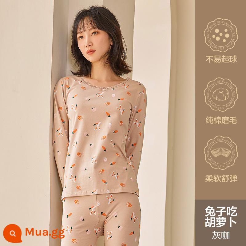 Hengyuanxiang quần áo mùa thu vệ sinh quần nữ cotton nguyên chất phù hợp với sưởi ấm quần áo cô gái học sinh đáy áo len cotton mỏng phần mùa đông - Thỏ ăn cà rốt (cà phê xám)