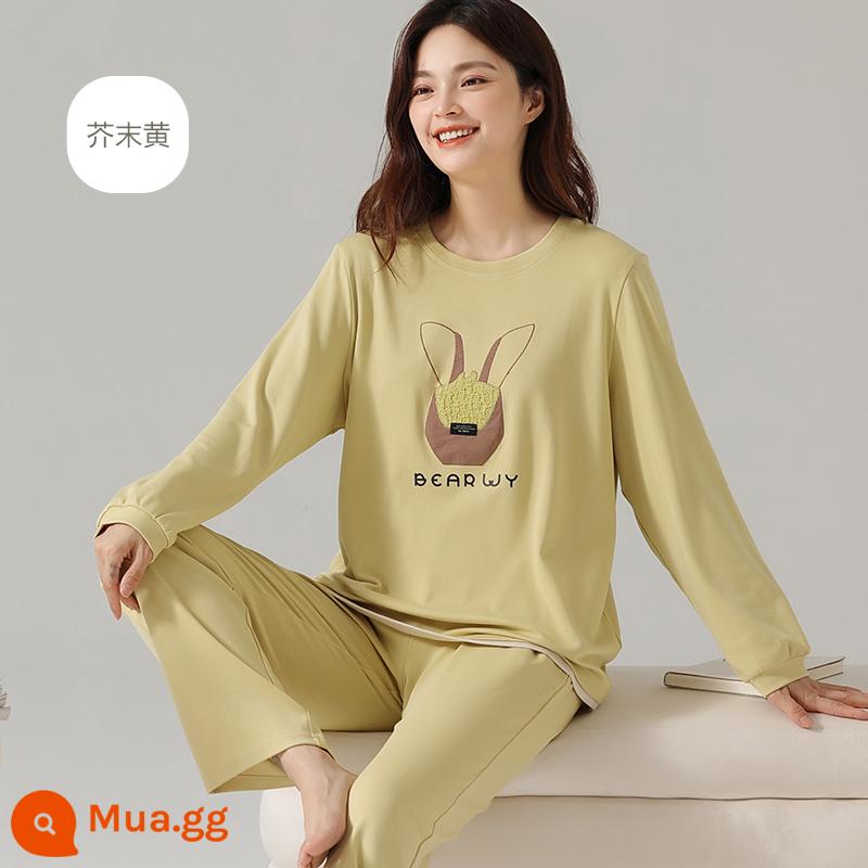 Hengyuanxiang bộ đồ ngủ cotton nguyên chất cho nữ mùa thu đông dài tay 2022 bộ quần áo dịch vụ tại nhà bằng cotton thông thường có thể mặc được - 17754 màu vàng mù tạt