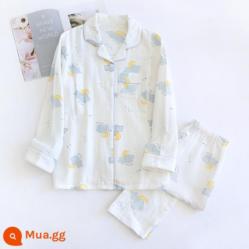 Bộ đồ ngủ dành cho bà bầu mùa xuân và mùa thu của phụ nữ cotton gạc nguyên chất quần áo giam giữ mùa hè mỏng phần sau sinh sản phụ cho con bú tháng 4 dịch vụ tại nhà 3 - [Phong Cách Xuân Thu] Crepe Lapel Moon Cloud