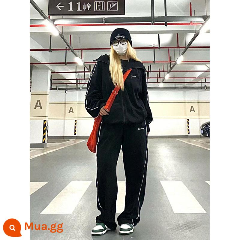 Phong Cách Mỹ Hoodie Thể Thao Phù Hợp Với Nữ Mùa Xuân Sinh Viên Size Lớn Rời Mỏng Cao Cổ 2 Mảnh - Đen [thương hiệu thời trang overize]