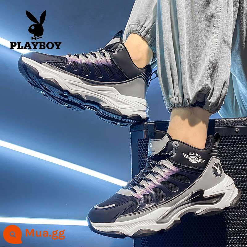 Giày Nam Playboy Thu Đông 2022 Plus Nhung Đế Dày Thể Thao Ống Cao Nam Tăng Chiều Cao Sinh Viên Giày Cotton Nam - KX-169 xám/đen